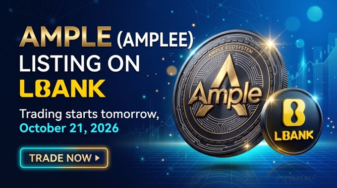 Promotional graphic announcing the AMPLE (AMPLEE) cryptocurrency listing on LBank, with trading starting October 21, 2026, featuring a gold Ample coin and LBank logo.