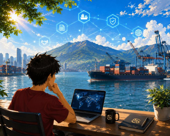 An anime-style illustration of a dark-haired young man sitting at an outdoor cafe table with a laptop showing a world map, a coffee mug, and a notebook branded with 'S' logo, overlooking a harbor with a cargo ship, cranes, city skyline, and floating holographic business/supply chain icons.