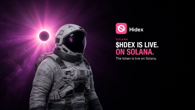 An astronaut stands silhouetted against a purple solar eclipse on the left, while the right side features the Hidex logo with text announcing "$HDEX IS LIVE. ON SOLANA," promoting the token's launch on the Solana blockchain via pump.fun.