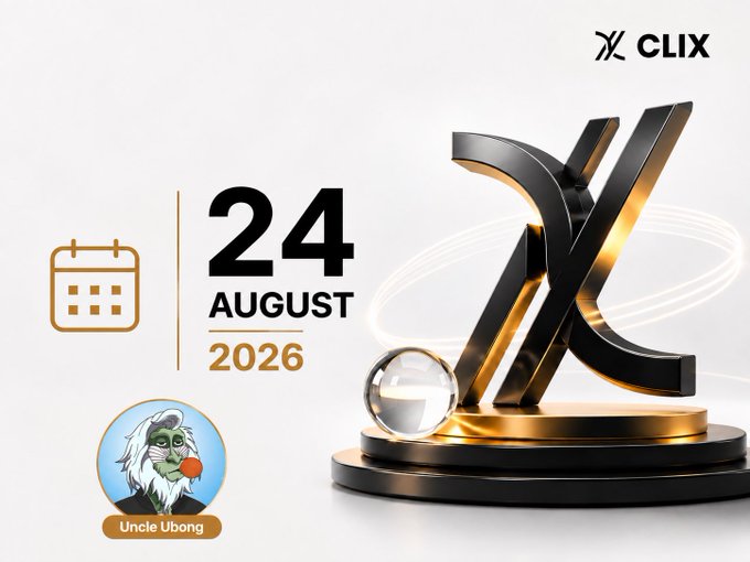 A promotional graphic for 'CLIX' displaying a date of 24 August 2026, a metallic X-shaped 3D logo, and an 'Uncle Ubong' avatar with sunglasses and a beard.