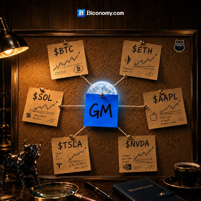 A corkboard displays pinned notes for tickers $BTC, $ETH, $SOL, $AAPL, $TSLA, and $NVDA, all connected by strings to a central blue 'GM' sticky note, branded with 'B Biconomy.com'.