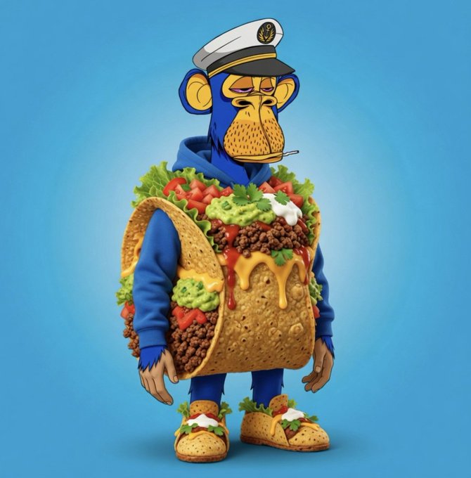 A whimsical digital illustration of a blue monkey wearing a sailor's hat and hoodie, with its torso creatively replaced by a giant taco filled with meat, lettuce, guacamole, and sour cream, matching taco-themed shoes.