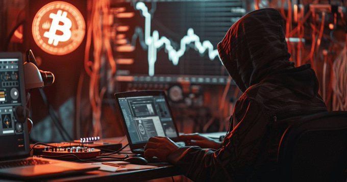 A hooded figure types on a laptop in a dark, red-lit room featuring a large Bitcoin logo and a volatile market chart displayed on the wall behind them.