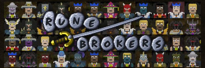 A pixel art banner displays the "RUNE BROKERS" logo with a sword cutting through the stone-textured text, surrounded by a grid of various pixelated character sprites in fantasy attire, promoting the NFT collection's upcoming launch on the Anvil market.