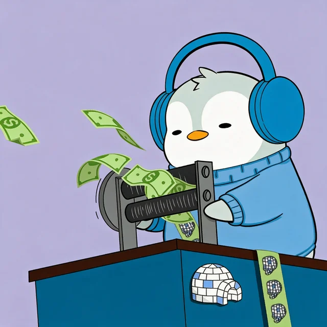 A cartoon illustration shows a penguin wearing blue headphones and a sweater cranking out green dollar bills from a hand press machine.