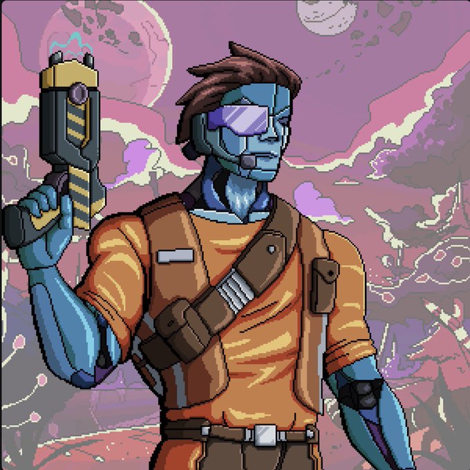 Pixel art depicting a blue-skinned character with brown hair and sunglasses, wearing an orange shirt and holding a futuristic pistol, set against a pink and purple alien landscape.