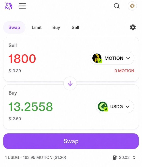 A mobile screenshot of a crypto swap interface showing the sale of 1800 MOTION tokens (worth $13.39) in exchange for 13.2558 USDG (worth $12.60), with an exchange rate of 1 USDG = 162.95 MOTION ($1.20). The image illustrates a token swap platform related to the $MOTION promotion mentioned in the post, where users are encouraged to engage on X to earn rewards.