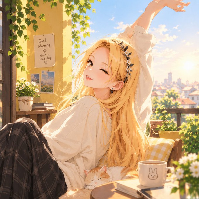 An anime-style illustration shows a blonde woman stretching on a balcony with a "Good Morning Have a nice day" sign, accompanied by a sleeping orange and white cat and a mug with a bunny design.