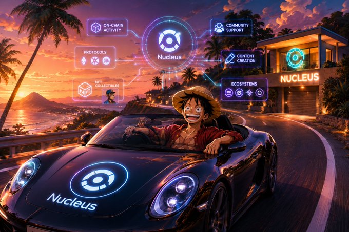 An anime-style illustration of a character resembling Luffy driving a black sports car labeled 'Nucleus', with floating UI elements for 'ON-CHAIN ACTIVITY', 'PROTOCOLS', 'NFT COLLECTIBLES', 'COMMUNITY SUPPORT', 'CONTENT CREATION', and 'ECOSYSTEMS'.