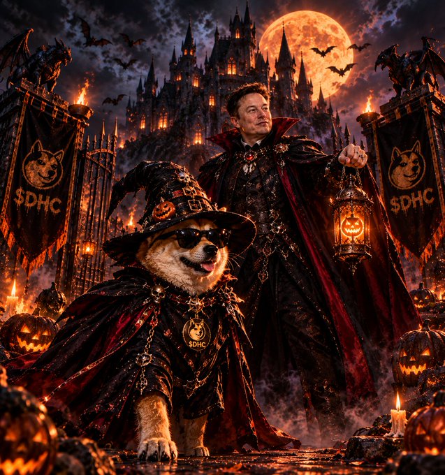 A Halloween-themed AI-generated image shows a man resembling Elon Musk in a vampire costume alongside a dog in a witch hat and cloak, both wearing '$DHC' medallions with a gothic castle and full moon in the background.