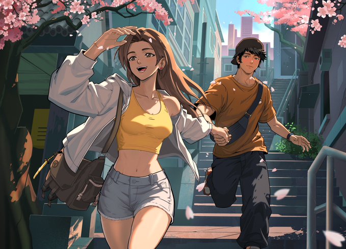 An anime-style illustration of a young woman in a yellow top and a young man in a brown shirt running down outdoor steps surrounded by falling cherry blossoms.