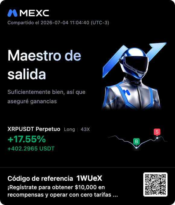 MEXC trading share showing a successful XRPUSDT Perpetual Long 43X trade at +17.55% (+402.2965 USDT), titled 'Maestro de salida' with a helmeted mascot and referral code '1WUeX'.