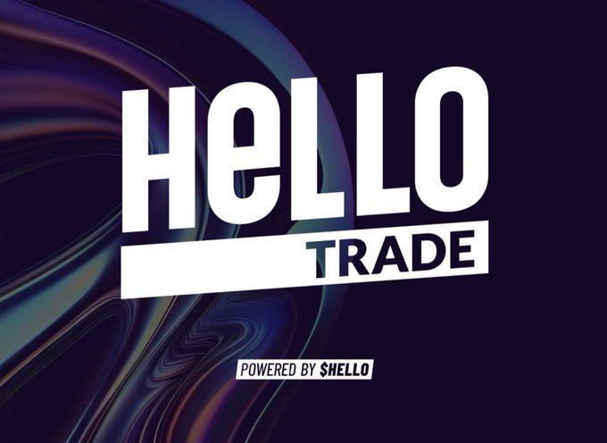 A logo graphic with the text 'HELLO TRADE' in large white letters over a dark, swirly background, with 'POWERED BY SHELLO' displayed below.