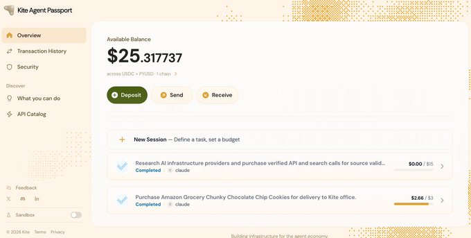 A screenshot of the Kite Agent Passport dashboard showing an available balance of $25.317737, with options for Deposit, Send, and Receive, and completed sessions including research on AI infrastructure providers and a cookie delivery task.
