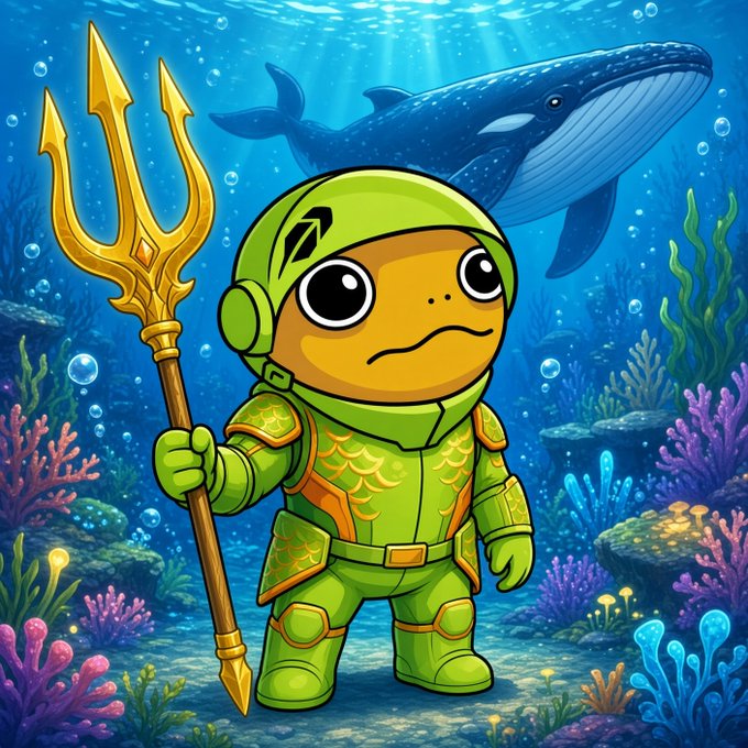 A cartoon turtle in green armor holds a golden trident underwater, with a large blue whale swimming behind it. The image visually echoes the "Whale" reference in the caption, playfully pairing the whale mascot with the turtle in diving gear as a teaser for the upcoming chat about $TURBO.