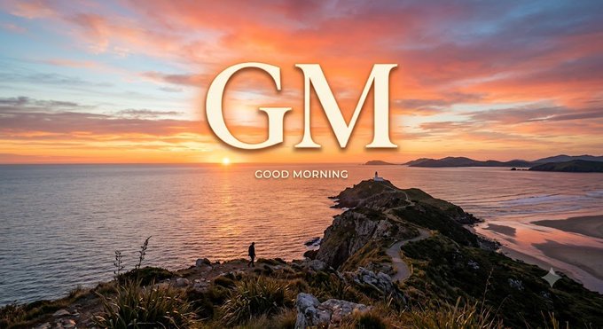 A serene coastal sunrise landscape with the text 'GM' and 'GOOD MORNING' overlaid in large white letters.