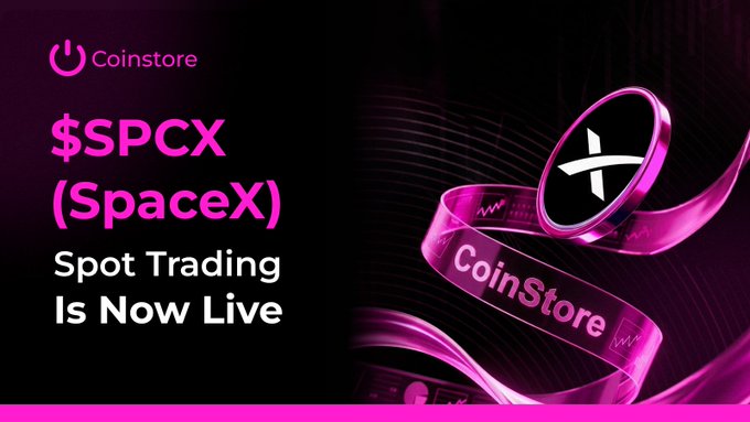 The image features a poster for a cryptocurrency called "SPCX" (Space X) that is now live on CoinStore. The poster includes a pink ribbon, which is associated with the $SPCX token, and a black background with white text. The poster also mentions that the SPCX campaign will continue until one week after the SpaceX IPO, and it offers rewards of 300,000 US dollars in rewards for trading.