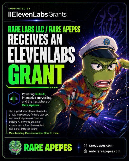 A promotional poster stating 'Rare Labs LLC / Rare Appes Receives an ElevenLabs Grant,' supported by ElevenLabs Grants, featuring a green Pepe the Frog character in a sailor outfit and Hawaiian shirt.