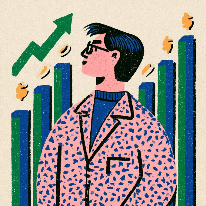 A stylized illustration of a man with dark hair and glasses wearing a pink speckled blazer over a blue turtleneck, set against a background featuring blue bar charts and a green upward-trending arrow.