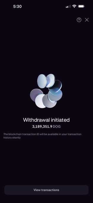 A mobile screen shows a "Withdrawal initiated" confirmation for 3,189,351.9 DOG tokens, with a note that the blockchain transaction ID will appear in transaction history shortly and a "View transactions" button below. The image illustrates the post's point about self-custody by showing a user successfully initiating a withdrawal of their DOG tokens.