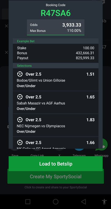 A betting slip screenshot displays booking code "R47SA6" with odds of 3,933.33 and max bonus of 110.00%, featuring four football match selections: Bodoe/Glimt vs Union Gilloise, Sabah Masazir vs AGF Aarhus, NEC Nijmegen vs Olympiacos, and KV Deinze vs FC Amarantina, all betting on Over 2.5 with a total payout of 825,999.33 on a 100 stake. The image corresponds to the post by showcasing the specific R47SA6 booking code referenced, displaying the high-odds accumulator bet details being shared.