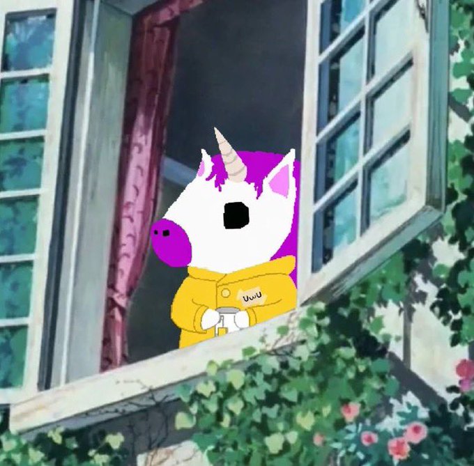 A stylized cartoon unicorn with a white face, purple mane, and yellow raincoat looking out from an open window surrounded by ivy and pink flowers.