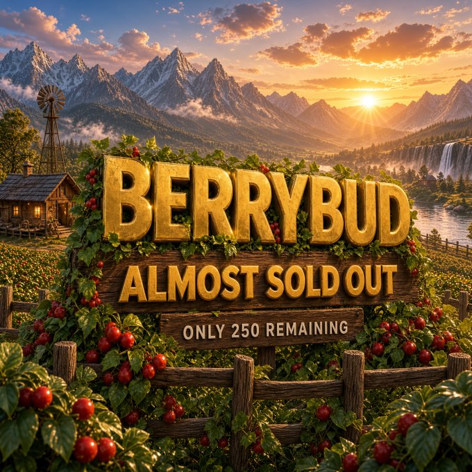 A promotional graphic featuring a golden sign reading 'BERRYBUD ALMOST SOLD OUT ONLY 250 REMAINING' set in a vibrant farm landscape with mountains, a windmill, and berry bushes.