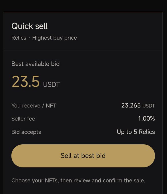 A 'Quick sell' interface screen for NFTs/Relics showing a best available bid of 23.5 USDT, with the seller receiving 23.265 USDT (1.00% seller fee) and accepting up to 5 Relics, with a 'Sell at best bid' button.