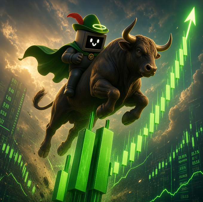 A cartoonish bull with a digital screen face and a green-caped rider surges upward through glowing green candlestick charts and stock tickers (including visible numbers like 9.51, 0.45, 1.86, 9.89, and 29.98%), visually capturing the euphoric "bull run" energy of a surging market. The image's aggressive upward momentum and triumphant composition directly embody the post's declaration that the bull market has returned.