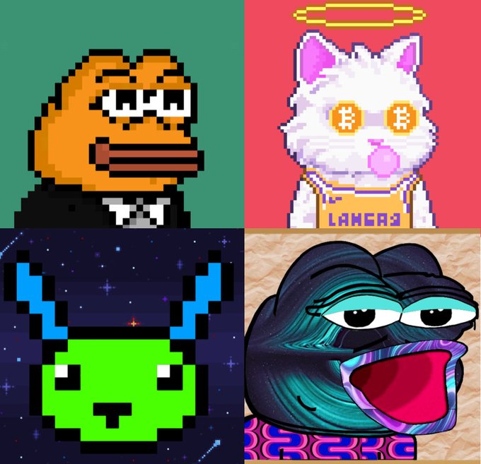 A 2x2 grid of pixel art images: a brown frog-like character in a suit, a white cat with Bitcoin-logo eyes and a 'LAMERJ' shirt, a green pixelated alien with blue antlers on a starry background, and a stylized face with dark hair and teal eyes.