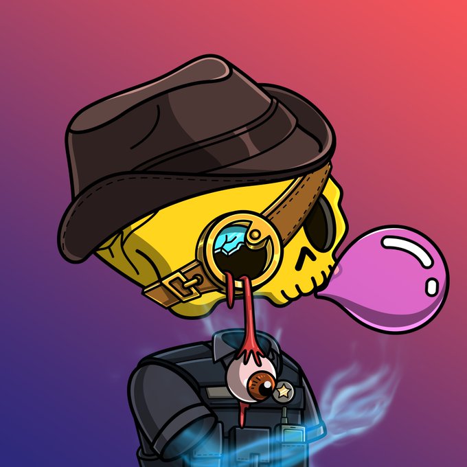 A cartoon illustration of a yellow skull wearing a fedora, blowing a pink bubblegum bubble, with a disembodied eyeball and tongue hanging from its monocle over a vest.