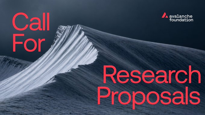 The image shows a snow-covered mountain peak with bold red text reading "Call For Research Proposals" alongside the Avalanche Foundation logo, visually reinforcing the foundation's invitation for research submissions by mirroring the dramatic scale and ambition of its grant program offering up to $50,000 for studies on tokenomics, validator economics, and network security.