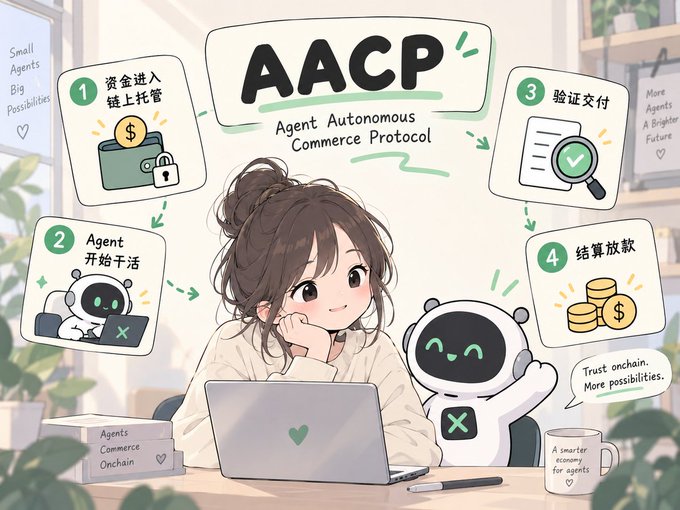 An illustrated diagram explains the 'AACP (Agent Autonomous Commerce Protocol)' in four steps with Chinese and English text, showing a cute anime-style girl working on a laptop alongside a robot mascot.