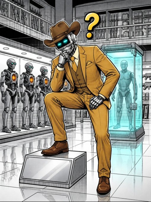An illustrated robot wearing a brown suit and cowboy hat sits contemplatively on a pedestal, surrounded by other robots and display cases in a futuristic store.