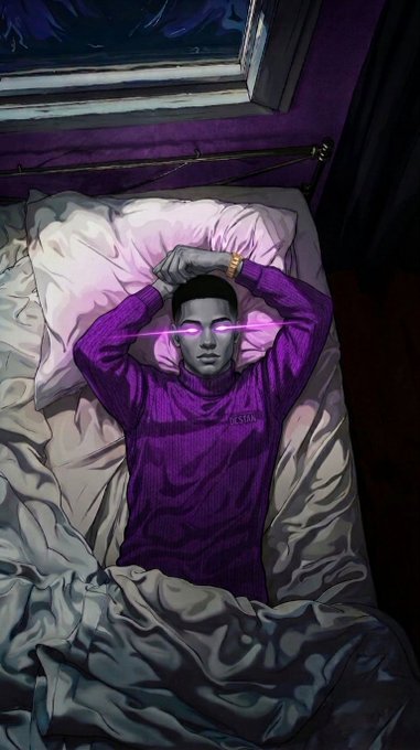 A comic-style illustration of a person lying in bed wearing a purple sweater with glowing pink/magenta laser beams emanating from their eyes.