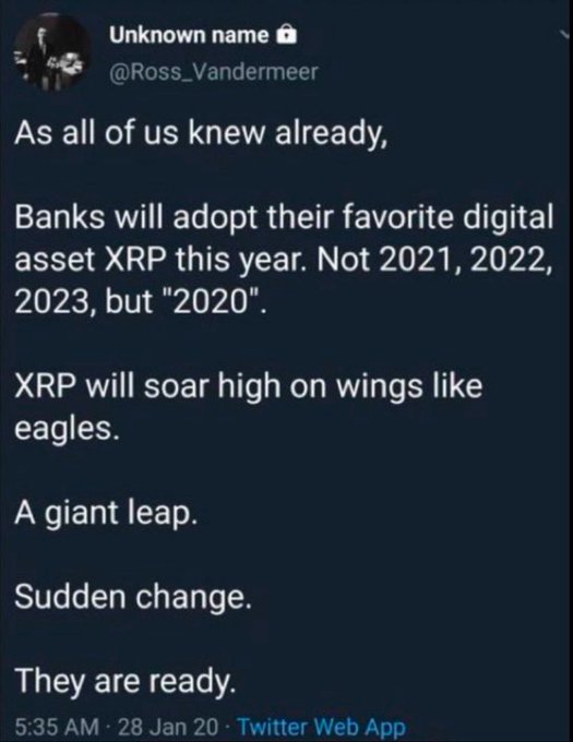 A screenshot of a tweet from @Ross_Vandermeer dated January 28, 2020, proclaiming that "Banks will adopt their favorite digital asset XRP this year" and declaring "A giant leap. Sudden change. They are ready." The post's phrase "ONE GIANT LEAP FOR XRP-KIND" cleverly riffs on Neil Armstrong's famous quote while echoing the tweet's optimistic declaration about XRP adoption.
