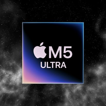 An Apple promotional image showing the 'M5 ULTRA' chip logo against a dark space-like background.