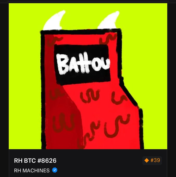 A digital artwork of a red devil-like figure labeled 'BATTOU' listed as 'RH BTC #8626' in the 'RH MACHINES' collection.