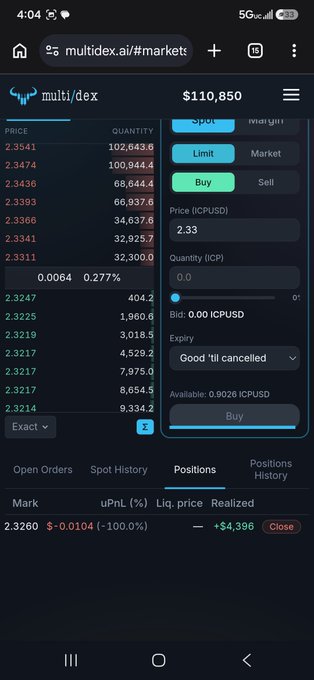 A mobile screenshot of the multidex.ai trading interface showing an order book on the left and a 'Buy' order form on the right for ICPUSD at a price of 2.33.
