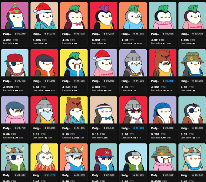 The image features a grid of various penguin characters, each wearing different colored hats and clothing styles. There are at least 13 distinct penguin characters, including some wearing red hats or green jackets. The post encourages people to join this community by offering a unique experience with a large number of options for penguins to choose from. The image also includes the text "It may take months, weeks, or even days, but eventually we'll hit the bottom And when we do, the momentum built during these times will take us much higher Congratulations to everyone taking this opportunity to join The Huddle".