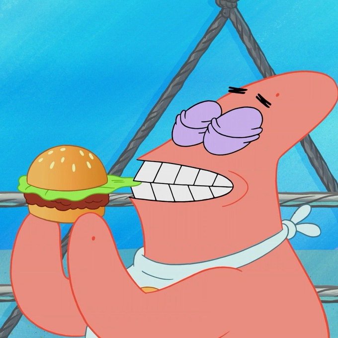 Patrick Star from SpongeBob SquarePants gleefully holds a hamburger near his mouth, his eyes squeezed shut in anticipation, against a blue background with crossed ropes.

The image humorously relates to the post's question about weekend breakfast costs, as Patrick is about to enjoy a Krabby Patty—a simple but iconic cartoon meal that suggests "breakfast" can be as satisfying as a free, imaginary burger.