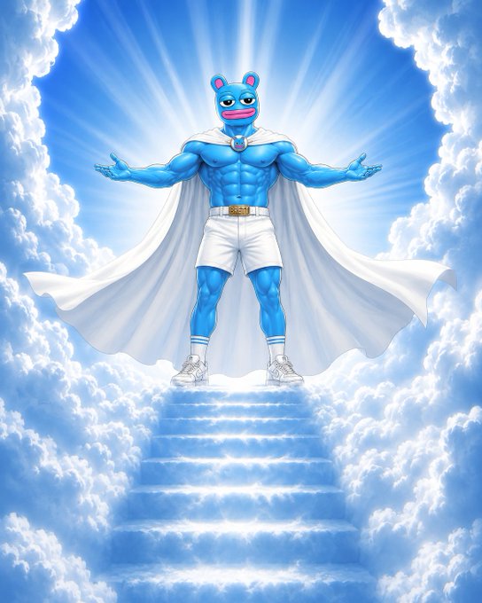 A surreal digital illustration of a muscular blue bear-headed superhero wearing white shorts, white sneakers, and a flowing white cape, standing atop a cloud staircase beneath radiant light.