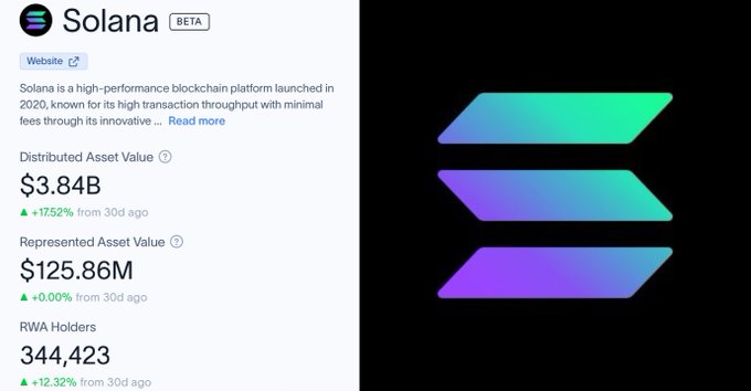 A Solana asset page showing Distributed Asset Value of $3.84B (+1752% from 30 days ago), Represented Asset Value of $125.86M, and 344,423 RWA Holders (+12.32% from 30 days ago), described as a high-performance blockchain launched in 2020.