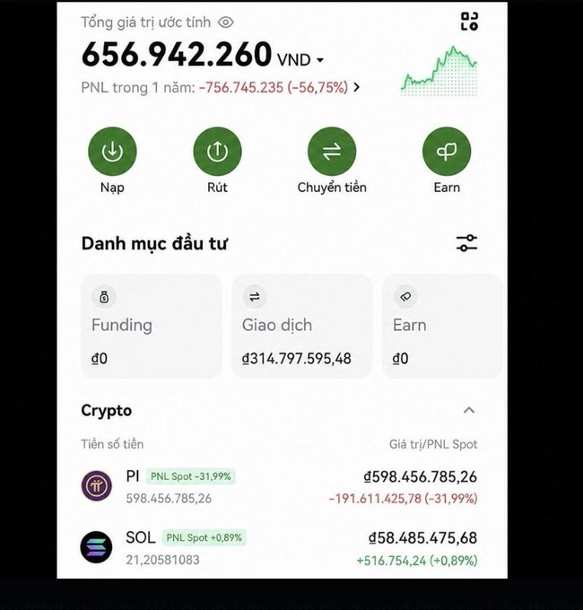 A Vietnamese cryptocurrency portfolio app screenshot showing a total estimated value of "656.942.260 VND" with a 1-year PNL of -56,75%, displaying holdings for Pi coin (PI) and Solana (SOL).