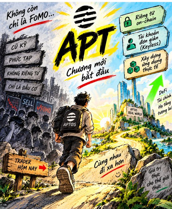 An illustrated promotional poster for 'APT' (Aptos) showing a figure walking from a dark 'FOMO' world toward a bright 'APTOS REAL WORLD', highlighting features like private keys, keyless accounts, and DeFi.
