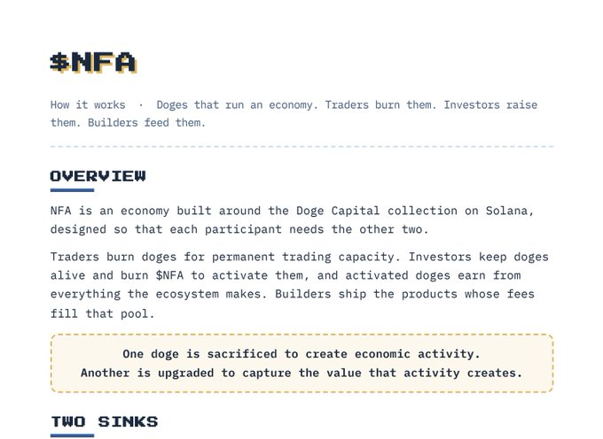 A document or webpage titled '$NFA' explaining how an economy works around 'Doges', detailing that 'Traders burn doges for permanent trading capacity' and that 'NFA is an economy built around the Doge Capital collection on Solana'.