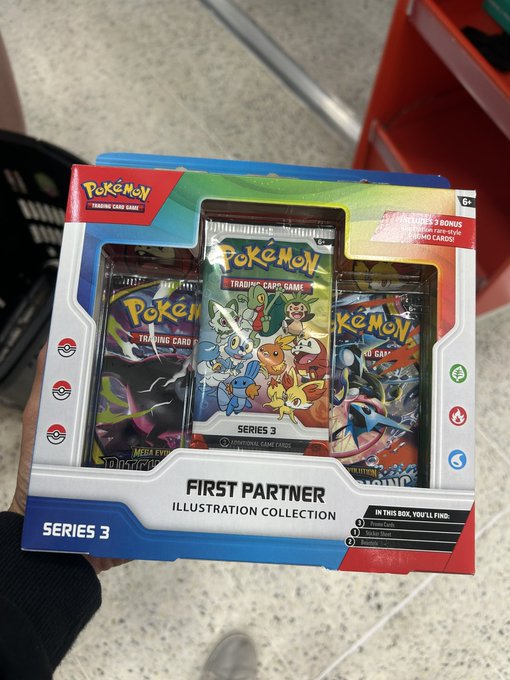 A box of Pokémon Trading Card Game 'First Partner Illustration Collection' Series 3 booster packs featuring various Pokémon illustrations.