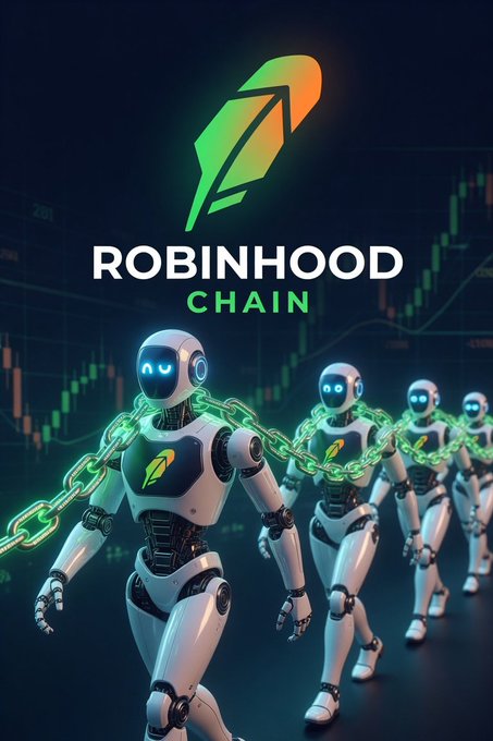 A promotional graphic for Robinhood Chain displays the brand's green rocket quill logo above the text "ROBINHOOD CHAIN," accompanied by several white humanoid robots connected by glowing green blockchain chains, symbolizing AI agents linking to the chain—matching the post's announcement about eligible U.S. users connecting third-party AI tools like Claude and OpenAI to a separate crypto account.