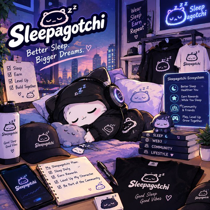 A detailed Sleepagotchi promotional illustration with the tagline 'Better Sleep. Bigger Dreams,' showing a sleeping mascot character in a hoodie with headphones surrounded by branded merchandise, app interfaces, and an ecosystem menu.