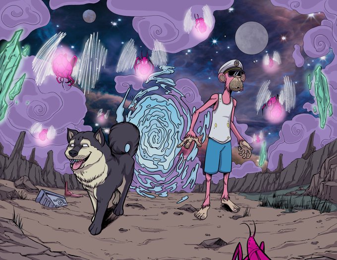 An animated illustration featuring a black-and-white husky dog and a slender pink monkey-like character wearing a white tank top, blue shorts, and a backwards cap, standing before a glowing blue portal on an alien landscape with pink flying creatures and purple swirling clouds.